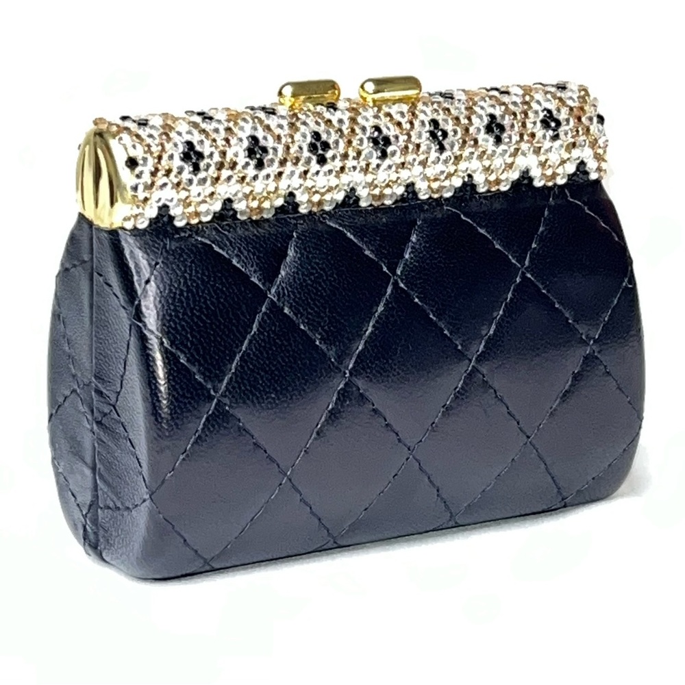 90s Beaded Rhinestone Clasp Quilted Black Leather Mini Bag Purse Chain Strap - Picture 16 of 16